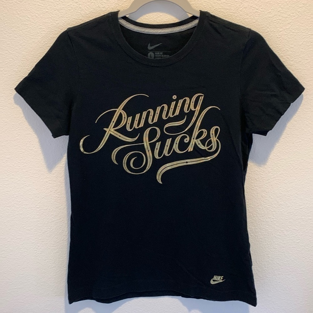 Nike Womens Slim fit graphic tee. Gold metallic lettering&Nike Swoosh. Size L.